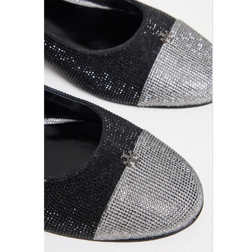 Tory Burch Cap Toe‎ Pave Slingback Heels in Black Silver Size 7